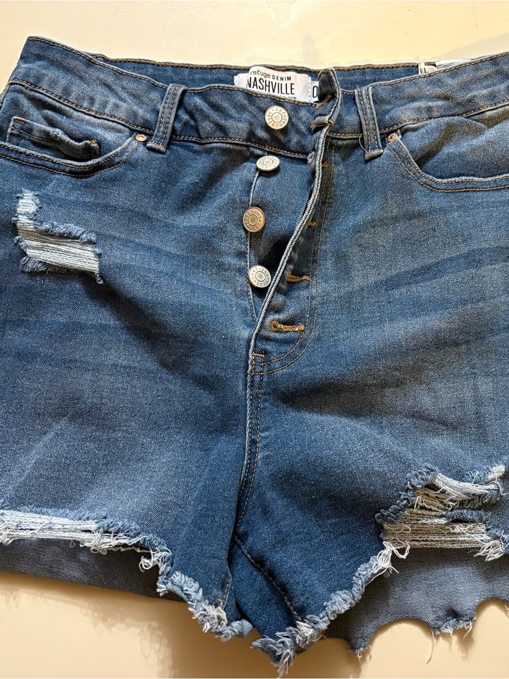 refuge Distressed Dark Blue Button-Front Jean Shorts